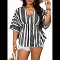 thumbnail image 1 of Camiseta de Verano Holgada de Corta con Cuello en V y Rayas para Mujer, Talla Grande, para Vacaciones Negro 4XL, 1 of 10
