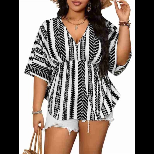 Camiseta de Verano Holgada de Corta con Cuello en V y Rayas para Mujer, Talla Grande, para Vacaciones Negro 5XL