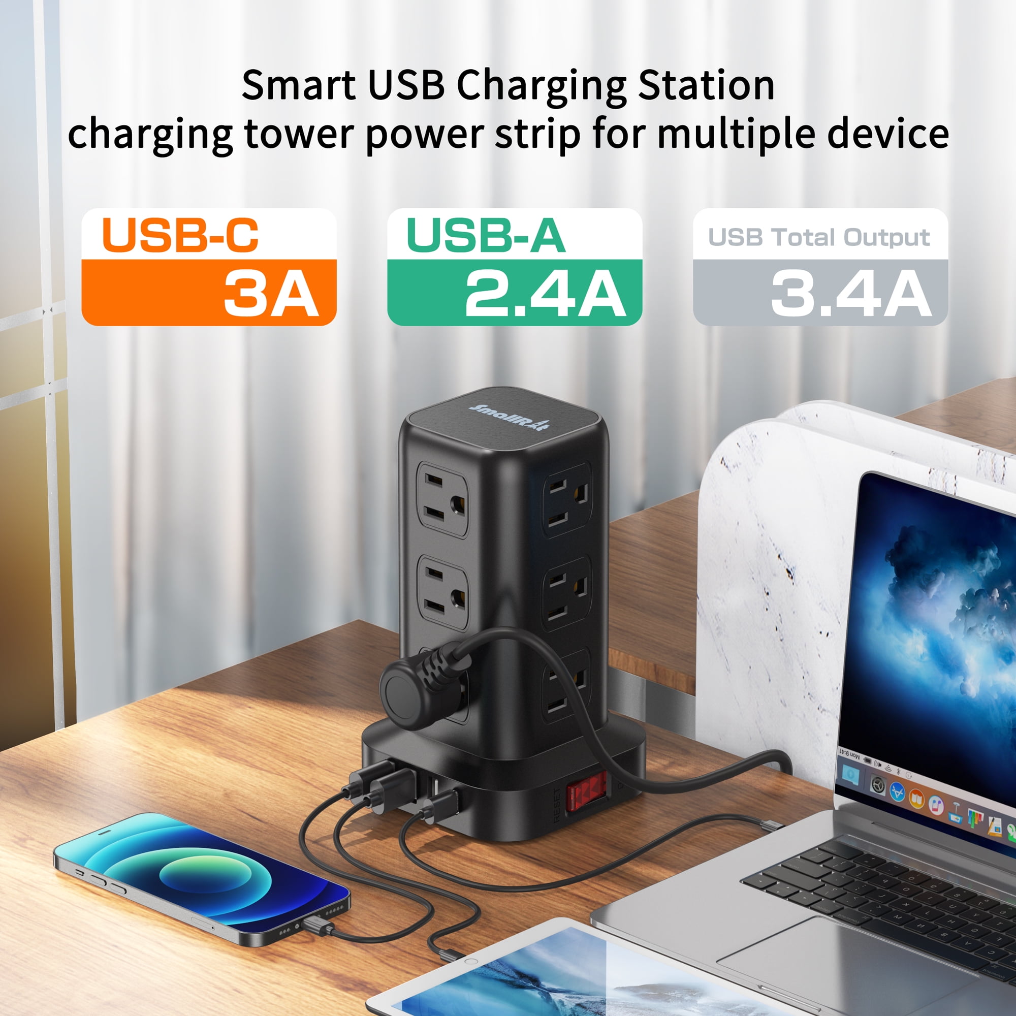 Power Strip Tower 12 Outlets with 4 USB Ports Surge Protector Electric Charging Station 6.5ft Cord, Black