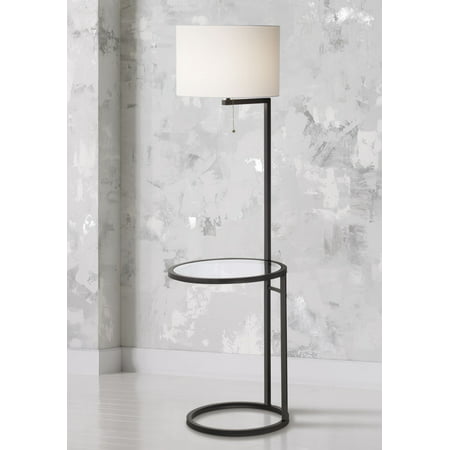 360 Lighting Modern Floor Lamp with Table Glass Black White Fabric Drum Shade for Living Room Reading Bedroom