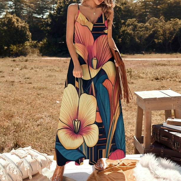 WISHTIME Women Sleeveless Dresses Bohemia Summer Spaghetti Strap Maxi  Casual Flowy Beach Long Dress USA - Walmart Business Supplies