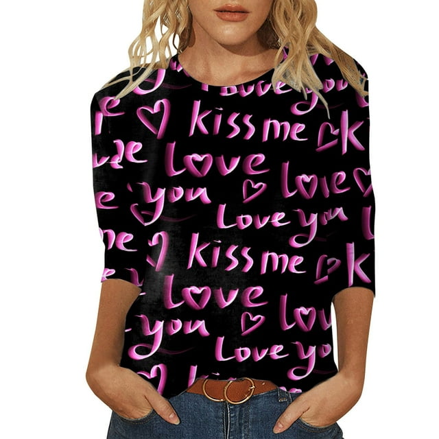 SZXZYGS T-Shirts Graphiques pour Femmes Crop Top Nœud T-Shirt Manches Trois-Quarts Imprimé Saint-Valentin Col Rond Été 2024