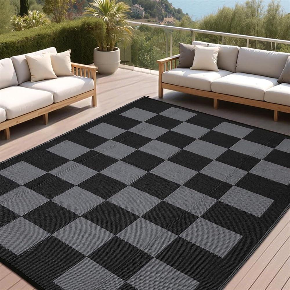 Outdoor Rugs 8x10ft/9x12ft Plaid Reversible Plastic Straw Rugs, Easy Cleaning Checkered Camping Carpet, Lightweight Outside Floor Mat for Picnic, Patio, RV, Porch, Deck, Balcony, Beach