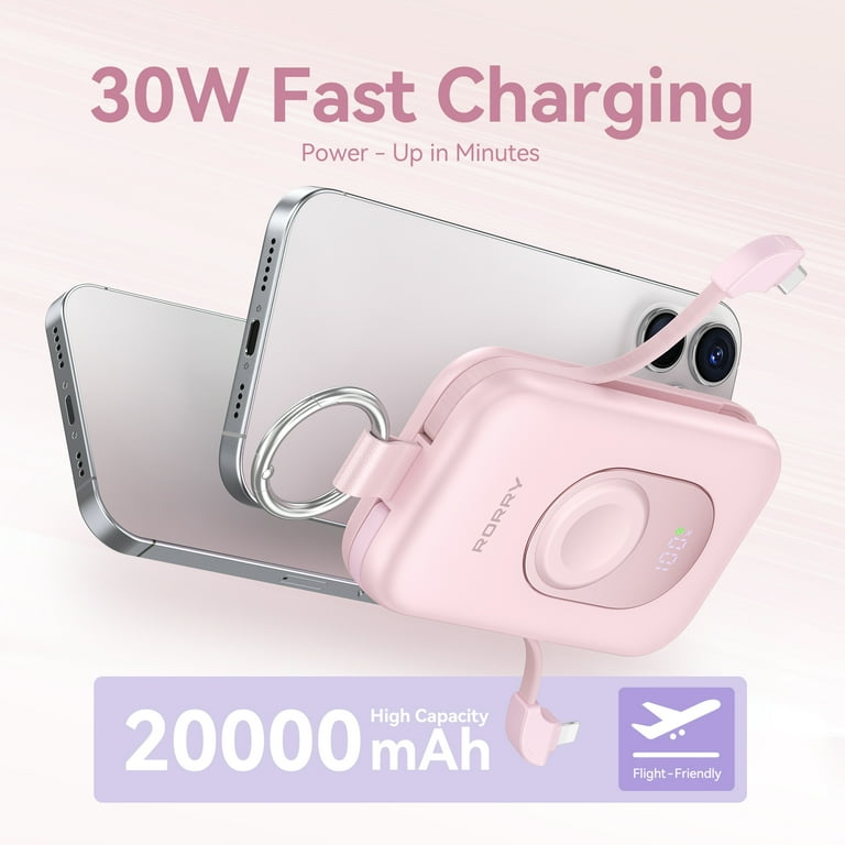 RORRY Portable Charger 20000mAh, PD 30W Fast Charging Power Bank with  Built-in Cables & Apple Watch Charger, Travel Essential Battery Pack for  iPhone/iPad, Black - Walmart.com