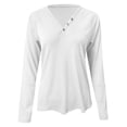 thumbnail image 5 of Tall Women T Shirts for Long Body Women's Solid Color Buttoned V Neck Loose Fit Long Sleeve Basic Top White, M, 5 of 6