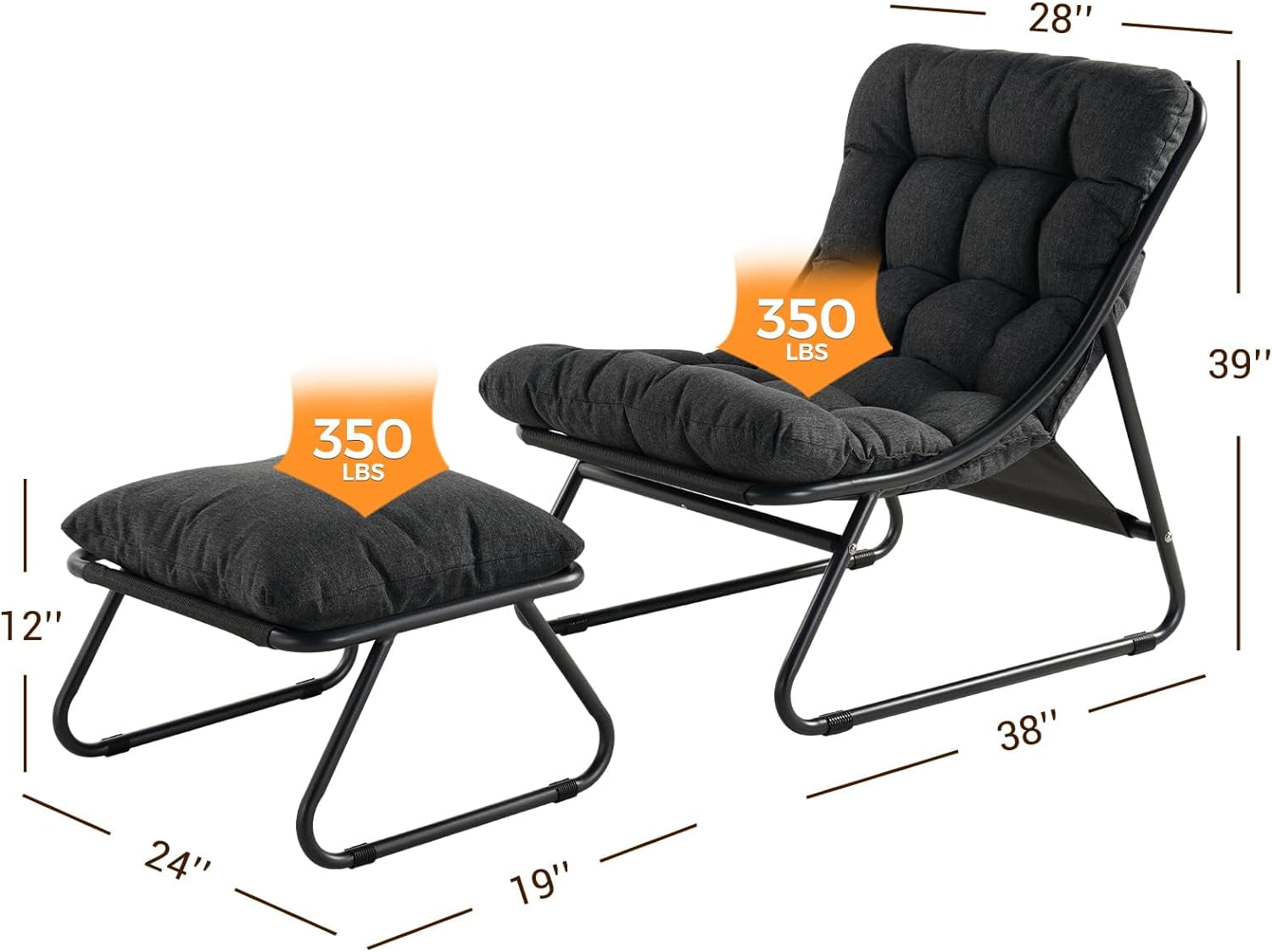 Grand Patio Outdoor Lounge Chair with Ottoman, Comfy Sling Recliner Set, Puffy Cushion, Samba Modern Steel Furniture, Dark Gray