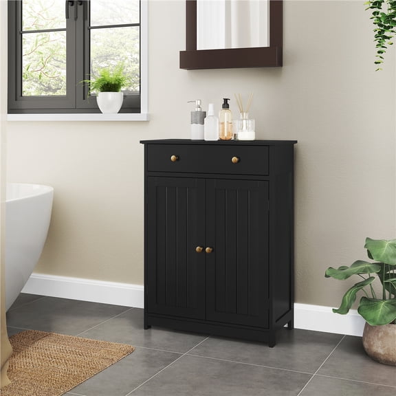 Yaheetech Modern Wooden Bathroom Floor Cabinet with Large Drawer & Double Doors, Black