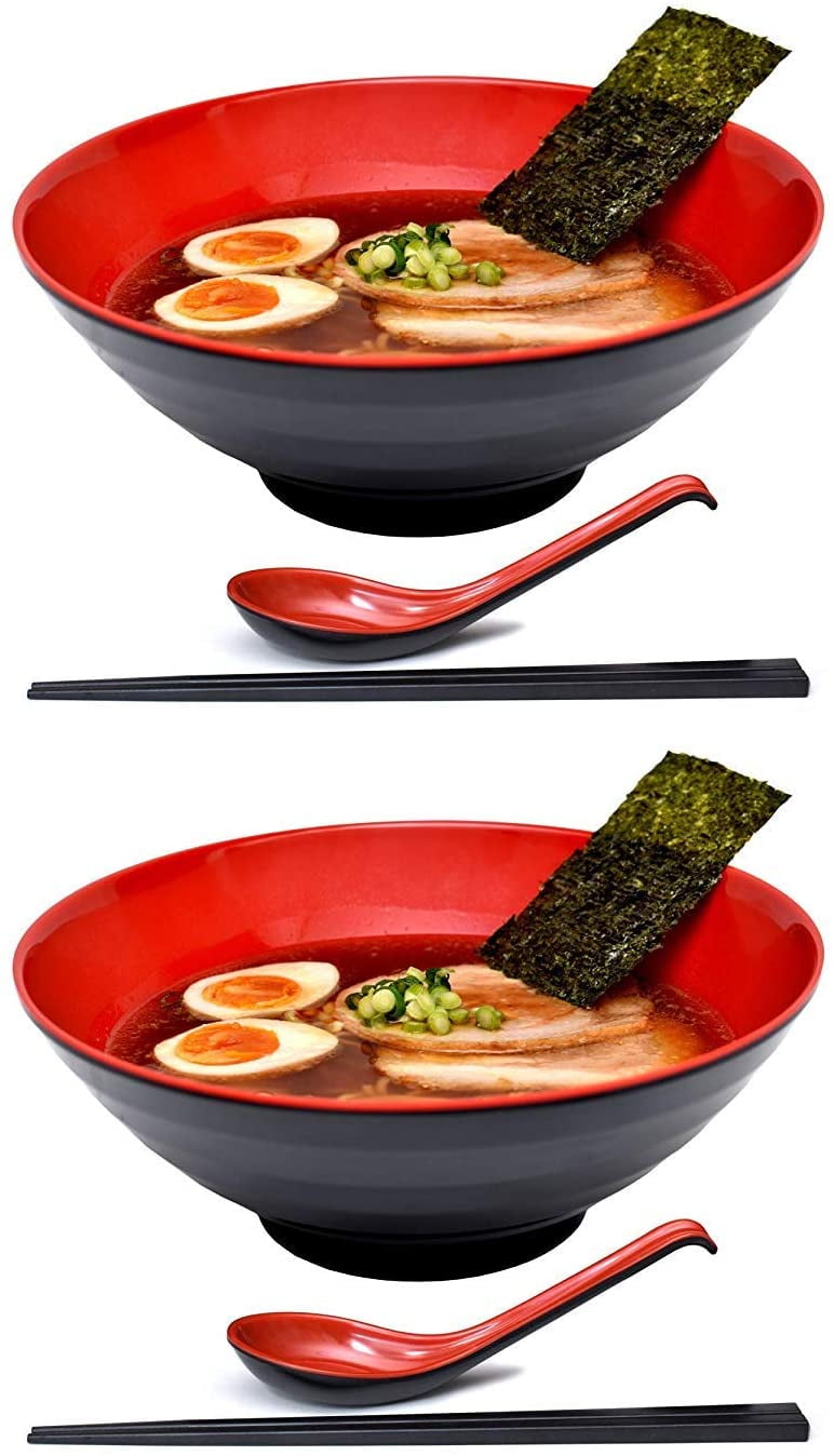 4 Sets Ramen Bowl Set 4pcs- Red Capacity 1032 ml Japanese Soup Bowl with Spoon and Chopsticks for Pasta Udon Soba Pho Asian Noodles 12 Pieces Dishwasher Safe