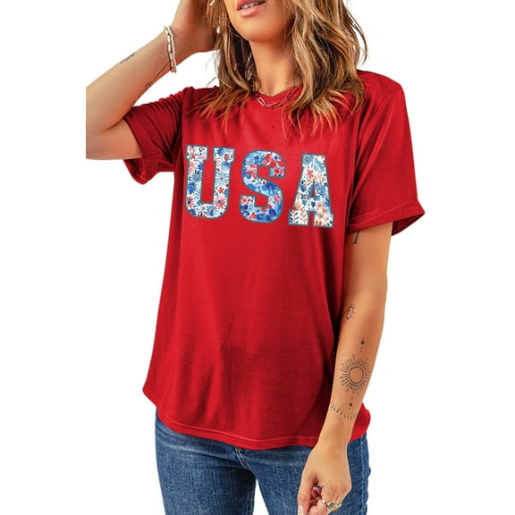 Women's Red Floral USA Graphic Cuffed Sleeve Crew Neck Tee - [ZhiHiMeRi] | (US 20-22)2XL