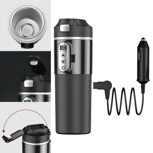 Taza calefactora para coche, hervidor de agua para coche, taza calentada de acero inoxidable, taza de agua eléctrica para té, leche, coches familiares , negro