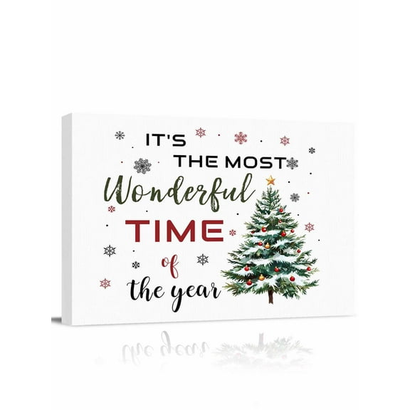 Christmas Tree Canvas Print Wall Art It's The Most Wonderful Time of The Year Snow Pictures Painting Morden Artwork for Living Room Bedroom, Ready to Hang - 12"x16"