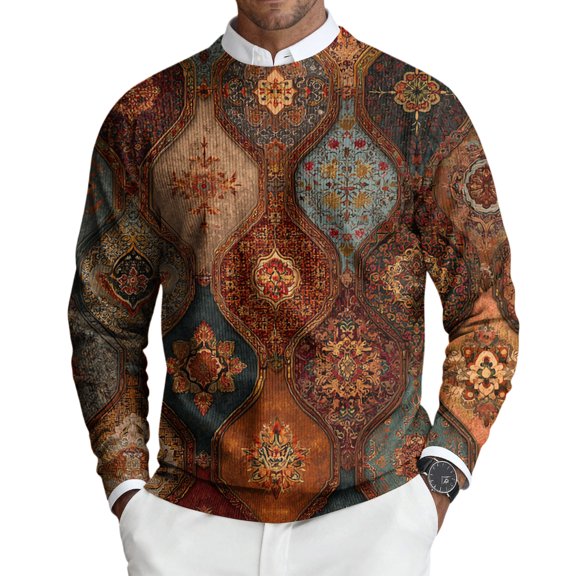 CharmCyan Men’s Crewneck Sweater Long Sleeve Pullover with Geometric Diamond Print Casual Regular Fit Knitwear Top Brown 2XL