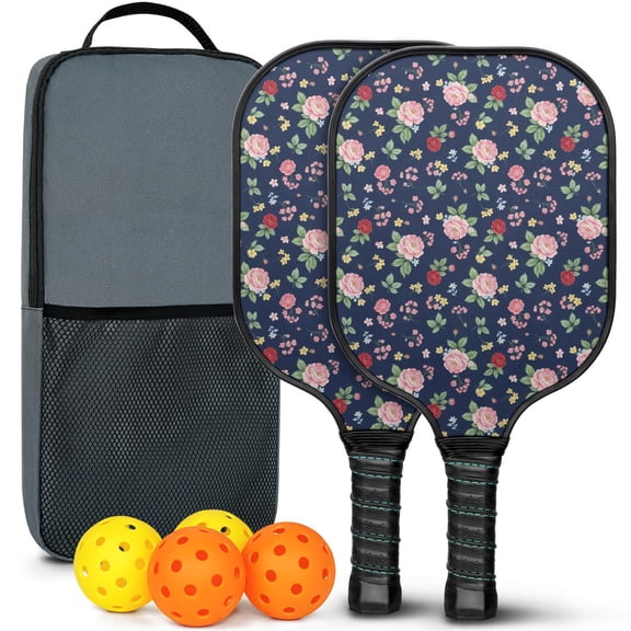 Pickleball Paddles Set,Pioneer Flower Floral Print Pattern Fiberglass Surface Pickleball Racket Set with 2 Indoor Outdoor Pickleball Balls and Pickleball Bag,Pickle-ball Equipment