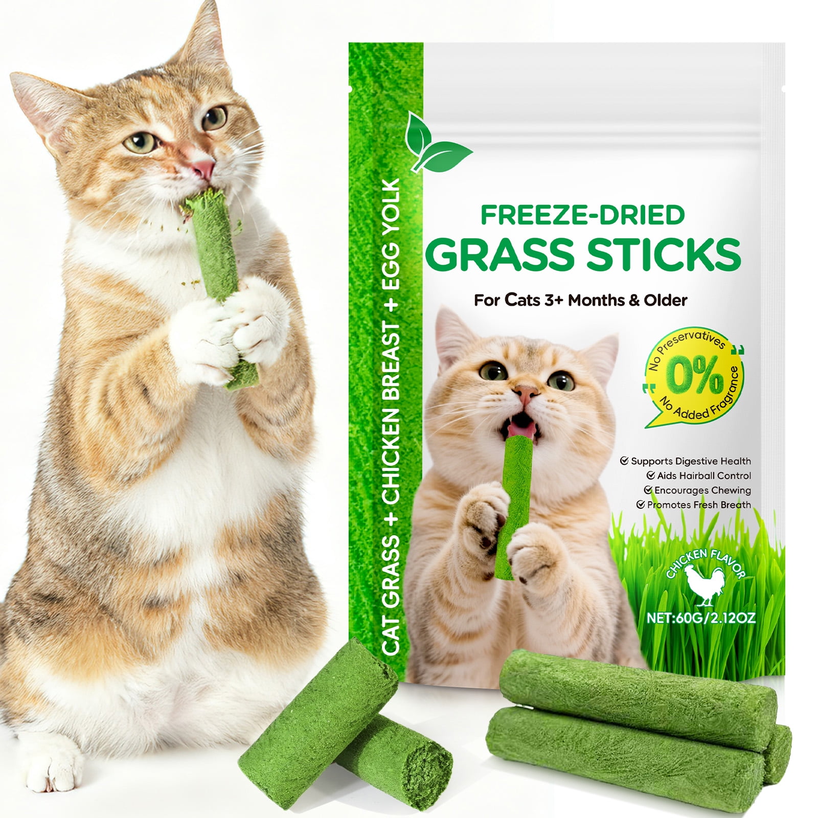 Cat Grass Sticks for Teeth Cleaning & Hairball Removal, Edible Cat Treats, Chicken Flavor 60 g