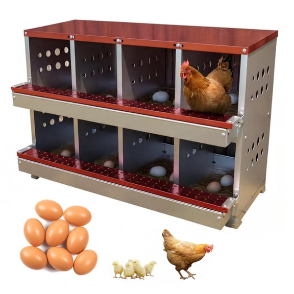 EuKer 8-Compartment Chicken Nesting Box, Roll Away Chicken Laying Boxes with 8 Training Eggs for Hens, Coops, Red