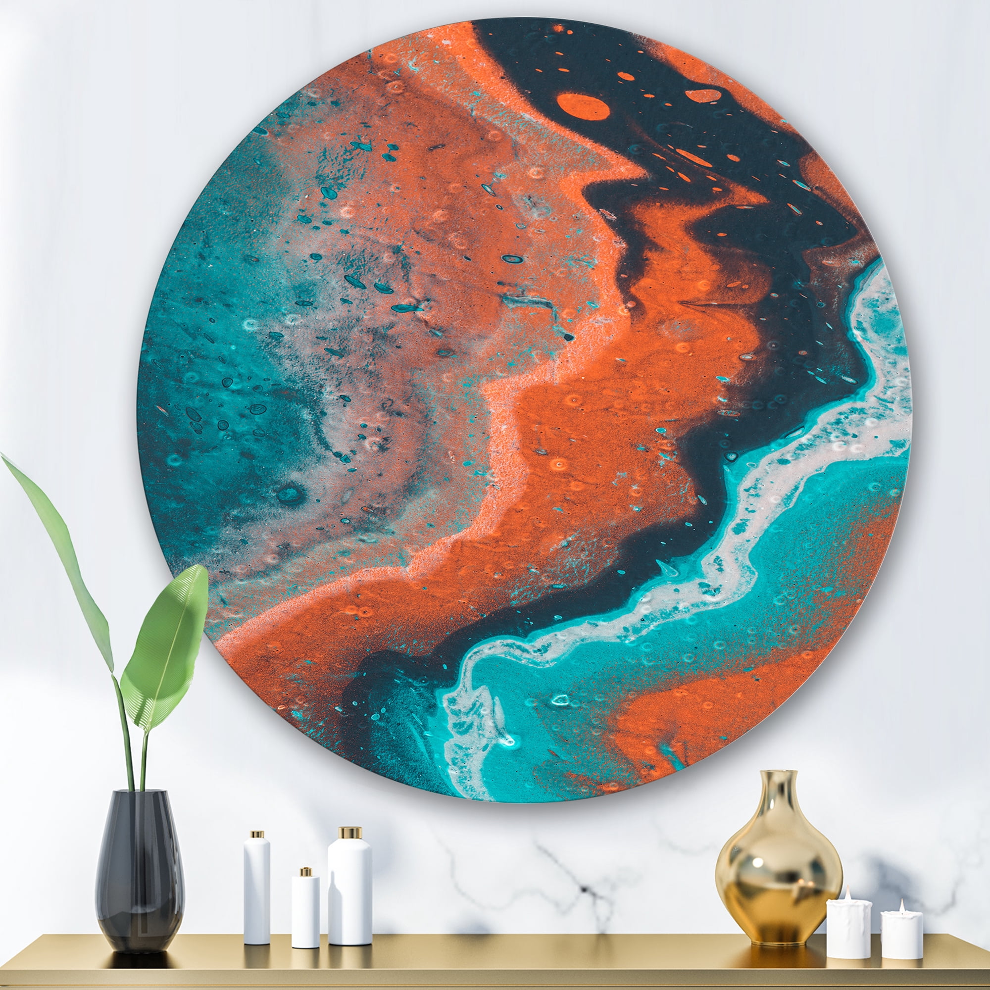 Designart 'Abstract Marble Composition In Orange and Blue I' Modern Circle Metal Wall Art 36x36 - Disc of 36