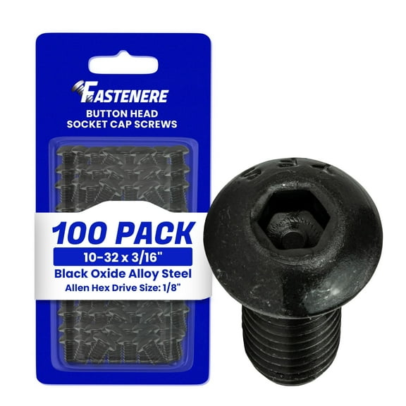 Fastenere Button Head Socket Cap Screws - 10-32 x 3/16" (100-Pcs) Alloy Steel, Fully Threaded, Fine Black Oxide Finish, Corrosion-Resistant, Machine Thread, Easy to Install w/ Allen Hex Drive