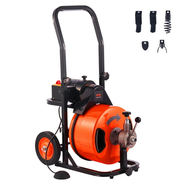 VEVOR Máquina limpiadora de drenaje de 100 pies x 1/2 pulgada,alimentación automática de barrena de alcantarillado con 4 cortadores e interruptor de pie activado por aire para tuberías de 1" a 4"