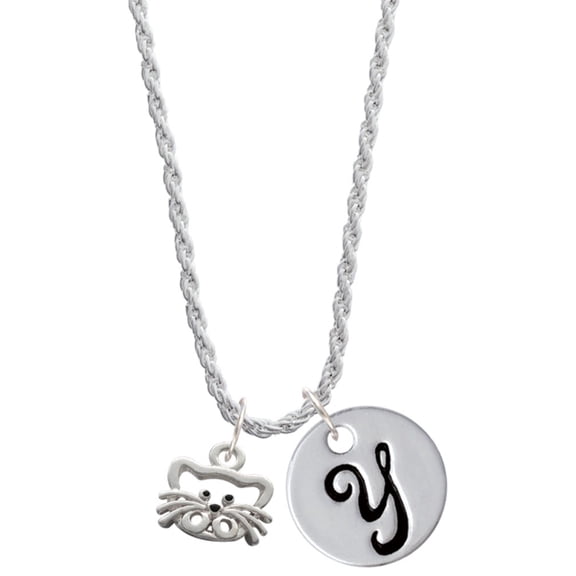 Delight Jewelry Silvertone Open Cat Face Silvertone Script Initial Disc - Y - Charm Necklace, 20"+3"