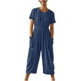 thumbnail image 2 of Usmixi Jumpsuits for Women Dressy Fashion Elastic Waist Pleated Cotton Linen Pocket Jumpsuits Summer Crewneck Short Sleeve Solid Long Trendy Rompers Navy m, 2 of 7
