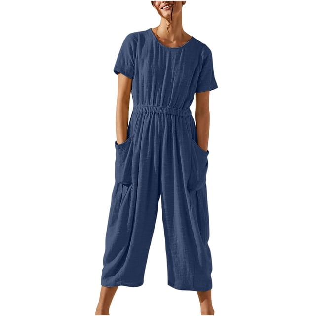 Combinaisons d'Été à Manches Courtes en Coton et Lin pour Femmes, Taille Élastique, Jambes Larges, Pantalons Courts Décontractés avec Poches