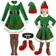 thumbnail image 2 of Vestido de elfo navideño para niñas, de terciopelo, de manga larga, con gorro y calcetines hasta la rodilla, conjunto de disfraz para juego de rol para fiesta de cumpleaños de Navidad, 4 piezas, 2 of 5