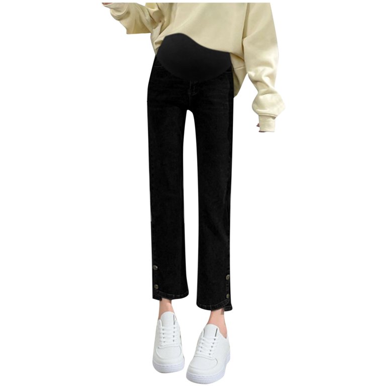 HWRETIE Belly Support Pants,Women's Maternity Cropped Jeans with Elastic  Drawstring Cigarette Pants Casual Slim Fit Belly Support Denim Narrow Leg Pregnancy  Pants Black
