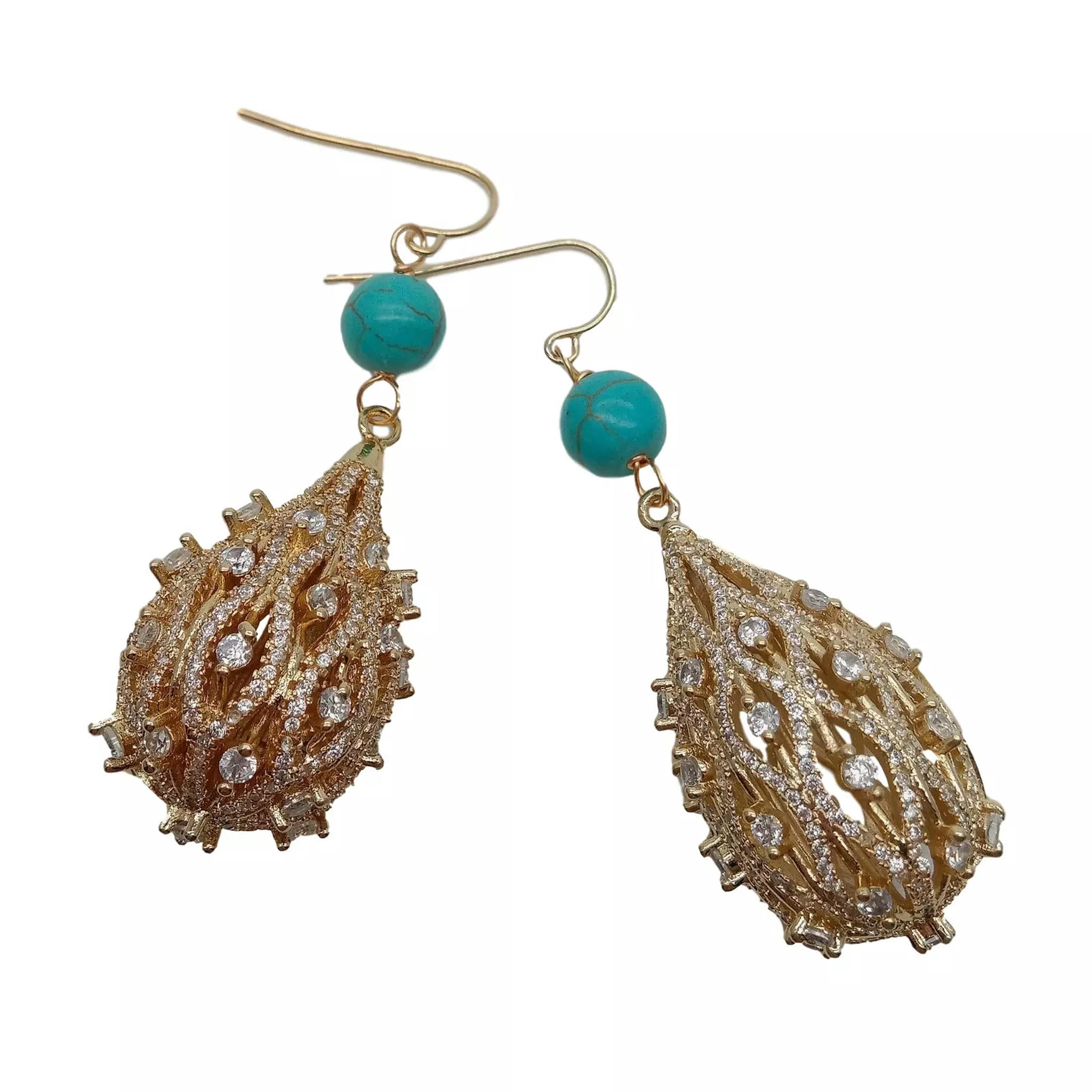 EOEMY Blue Turquoise Cubic Zirconia Pave Teardrop Hook Earring