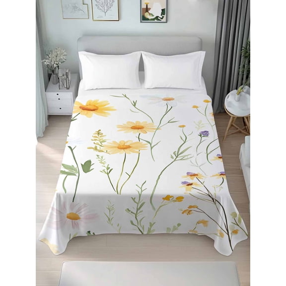 Yellow Daisy Floral Full Size Flat Sheet, Wrinkleproof & Fadeproof Cooling Flat Bed Sheet Only, Spring Rustic Botanical Flowers Breathable Soft Bedding Top Sheets 81 x 96 Inches