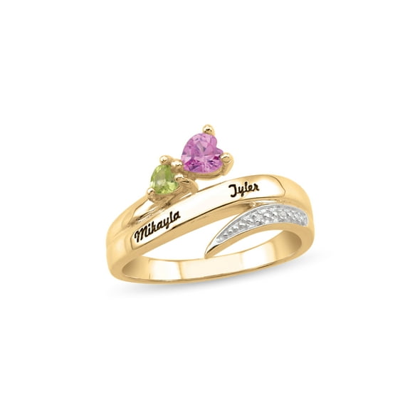 Personalized Engravable Bypass Couple's Heart Birthstone Ring in 14K Gold with Diamond Accents by Jewlster