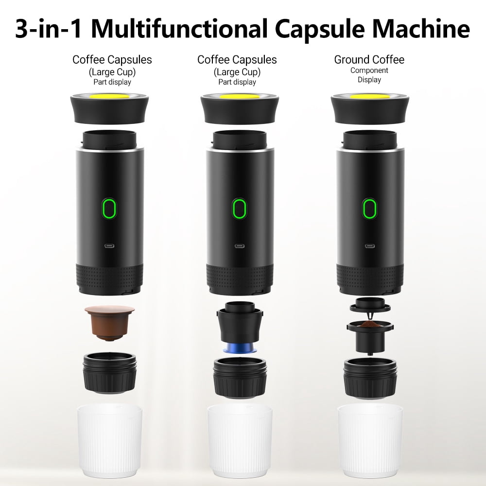 Rimoody 3-in-1 Portable Coffee Machine Wireless Electric Self Heating Capsules Pods Espresso for Car Home Office Camping Travel Maker 3in1 (Black)