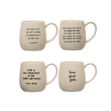 Creative Co-Op 5.25 Inches Stoneware Mug with Love Text Quote Designs, White and Black, Set of 4