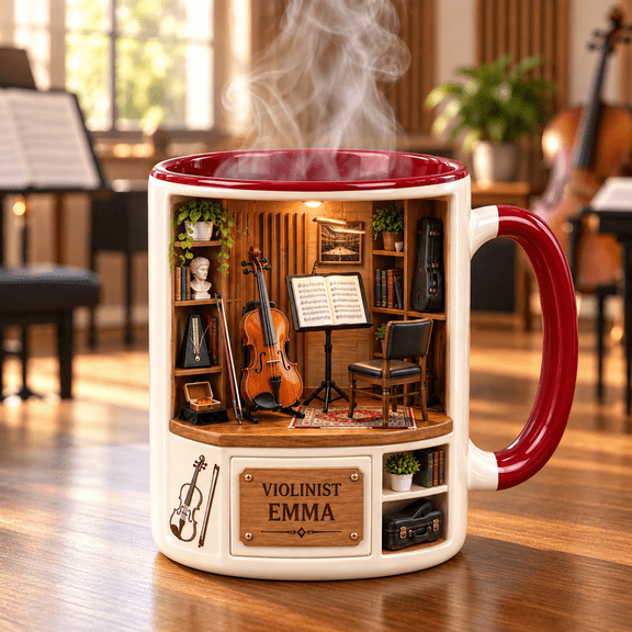 Violinist Mug, Ivory Ceramic Drinkware with Orchestra Practice Room Design for Musician Gift