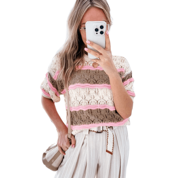 Women's Elegant Brown Stripe Color Block Half Sleeve Crochet Sweater