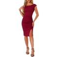 thumbnail image 1 of INSPIRE CHIC Robe Crayon Froncée à Manches Courtes Col Bénitier pour Femme Rouge Vin P, 1 of 6