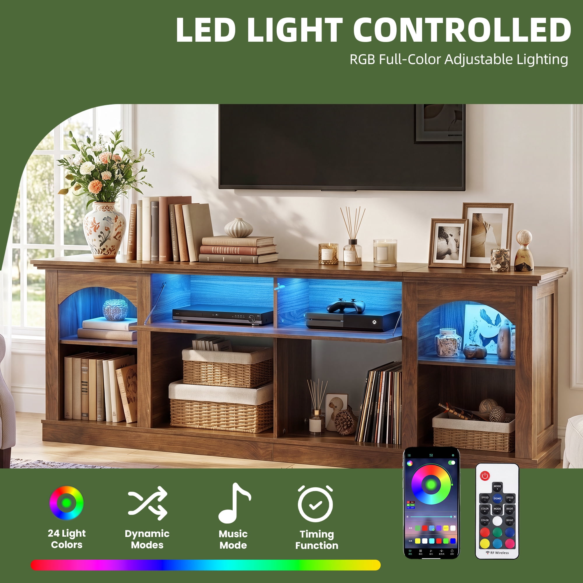 Uforic 70 Inch Farmhouse TV Stand with RGB Ambient LED Light, Flip-Down Carved Door Fits 75/80 Inch TVs for Living Room Bedroom, Walnut