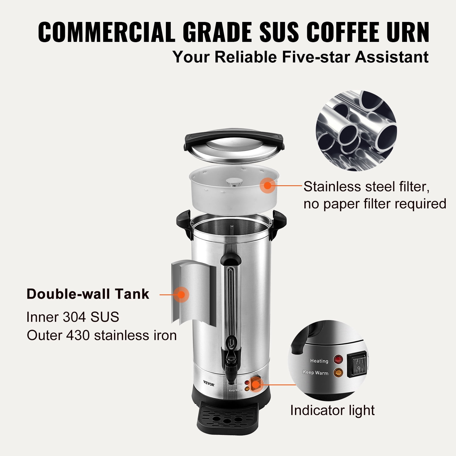 VEVOR Commercial Coffee Urn,110 Cups Stainless Steel Large Coffee Dispenser, 1500W 110V Electric Coffee Maker Urn For Quick Brewing,Hot Water Urn with Detachable Power Cord