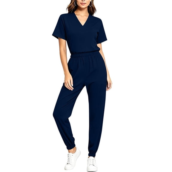 Hurxie Scrubs Medical Uniform Women and Man Scrubs Set Medical Scrubs Top and Pants Navy,L