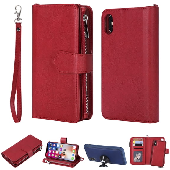 iPhone XS Wallet Case, iPhone X Stand Cover, Allytech Premium PU Leather Wallet Purse Zipper Pocket With 6 Card Slots, Detachable Magnetic Back Case for Apple iPhone XS/ iPhone X, Red