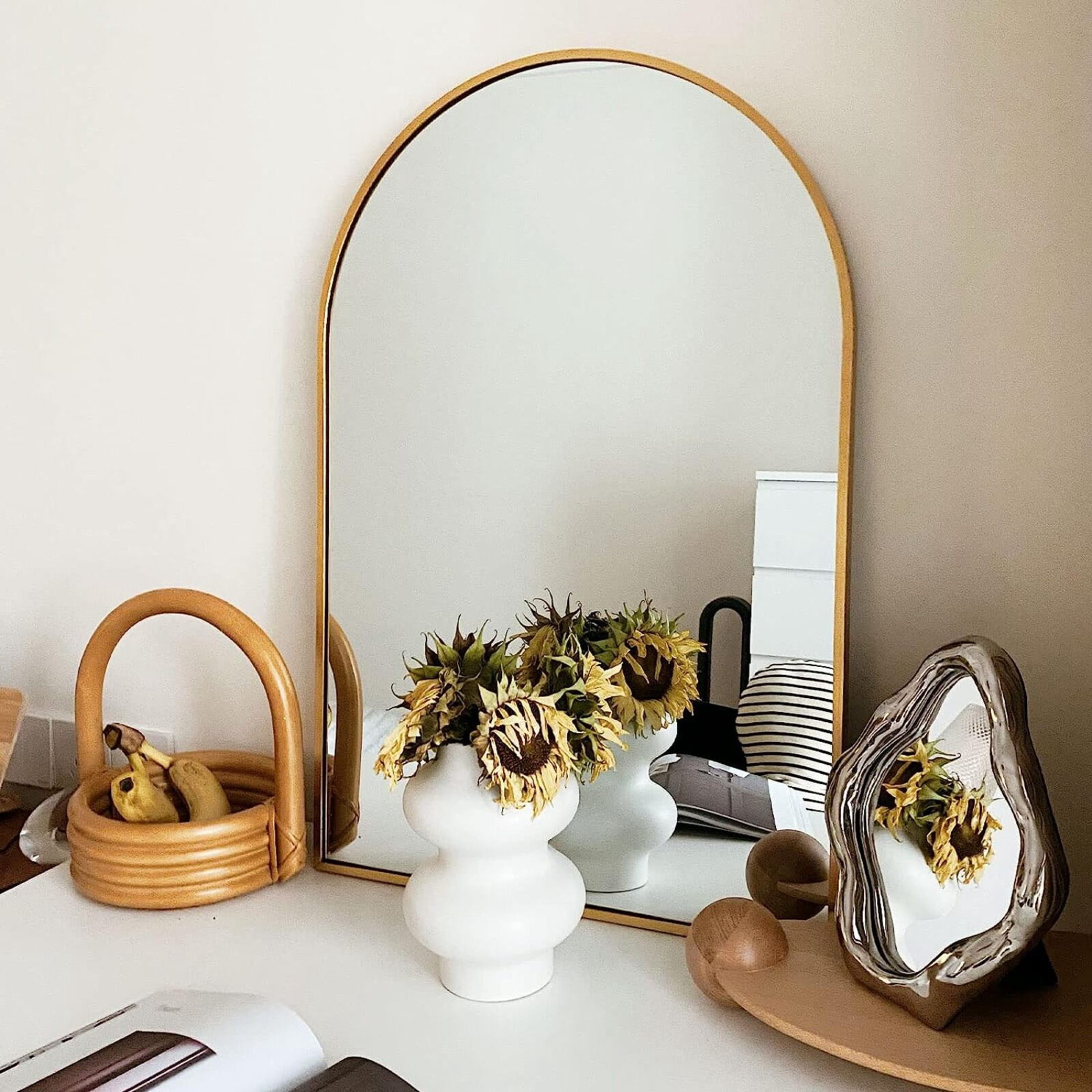 Noble House 24"x36" Arched Metal Wall Mirror, Vanity Mirror for Bathroom, Bedroom & Living Room, Gold
