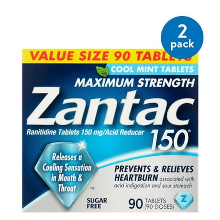 - (2 Pack) Zantac 150mg Maximum Strength Sugar Free Cool Mint Ranitidine / Acid Reducer Tablets, 90ct