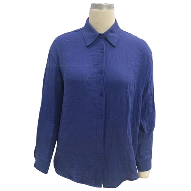 Camisa de algodón con cuello vuelto de manga larga para mujer, blusa informal elegante de Color liso con botones, azul marino M
