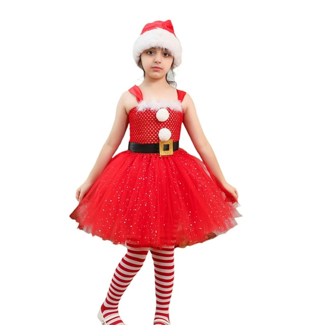 xiaxaixu Kid Girl Santa Christmas Costume, Sleeveless Tulle Patchwork A-Line Dress + Long Stocking + Headband/Hat Cosplay Clothes