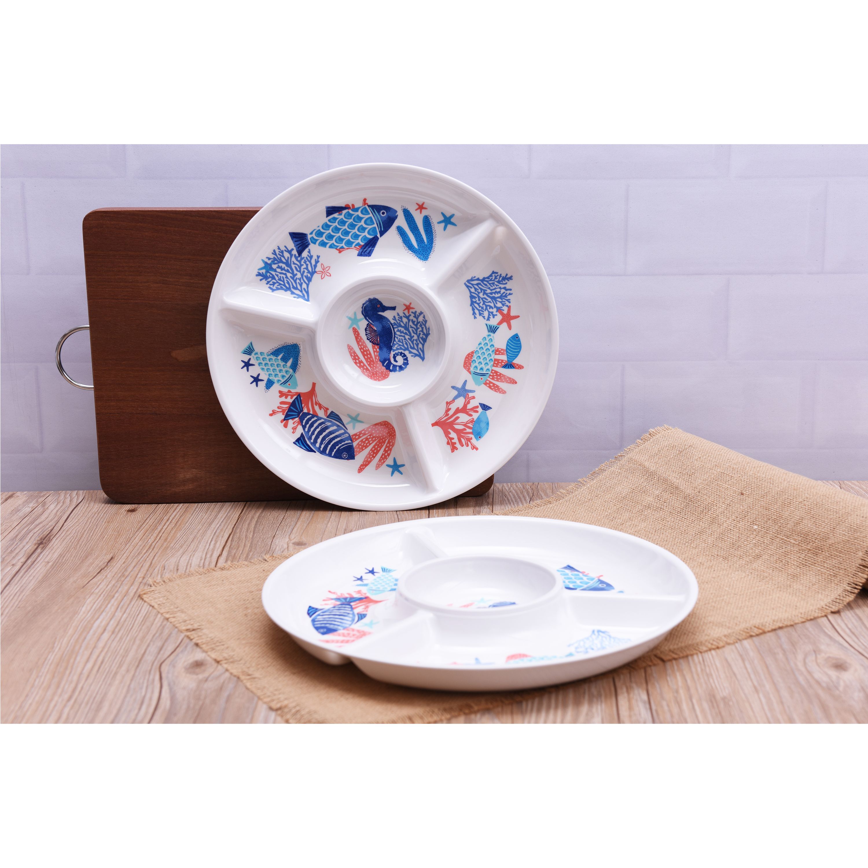 Mainstays Outdoor Melamine Sealife Chip & Dip Serve Tray, Set of 2
