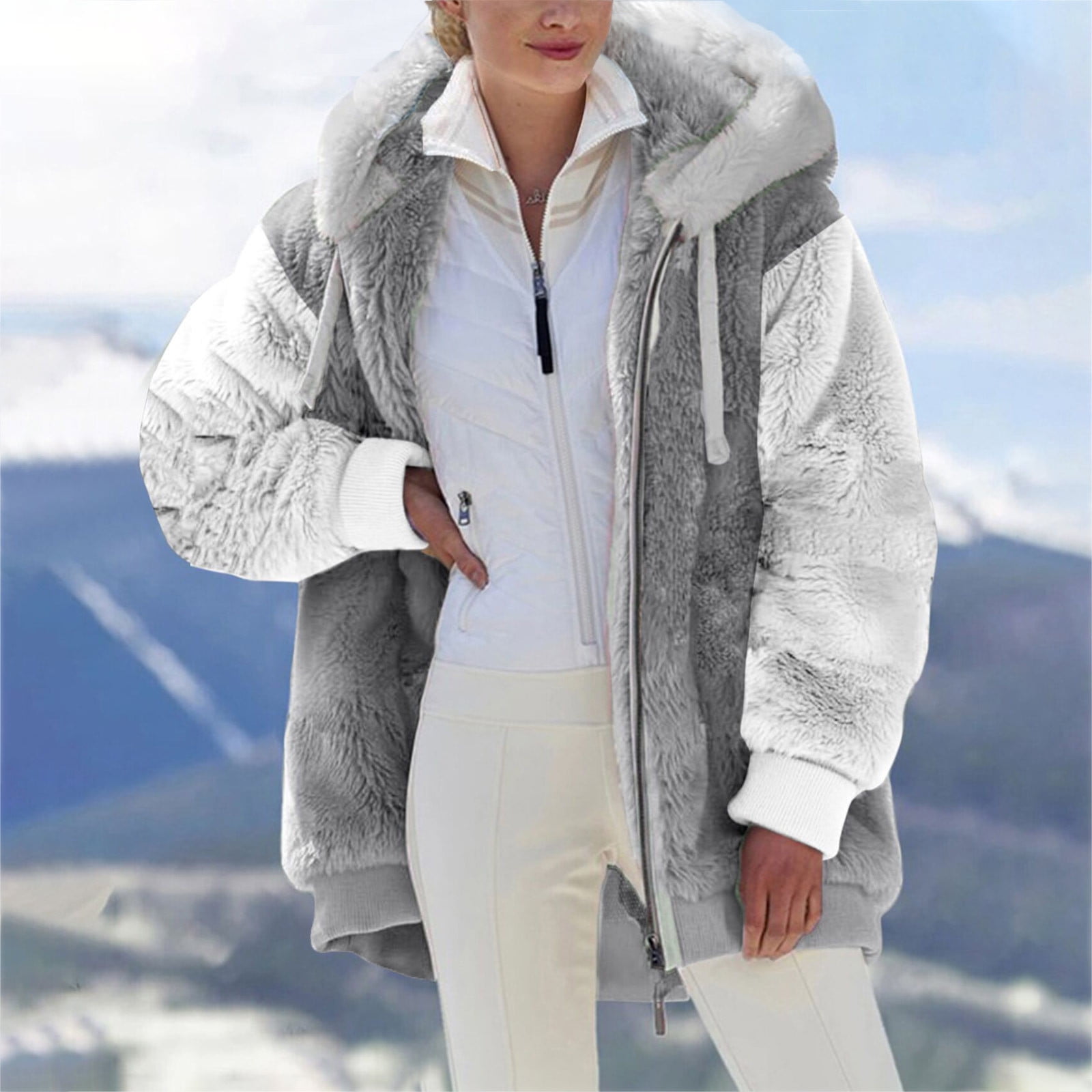 VEKDONE Women Plus Size Fuzzy Fleece Hoodie Jackets Wool Full-Zip Oversized Sherpa Pullover Winter Coat Outwear 