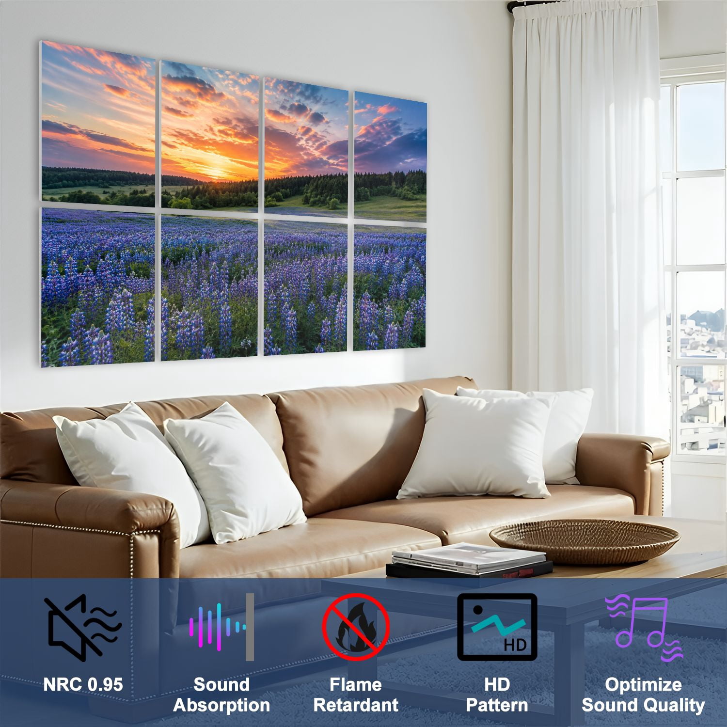 8 Pack Art Acoustic Panels Sound Absorbing Bluebonnets TX Decorative Soundproof Wall Panels Self Adhesive for Nursery Game Room Bedroom 48"x32"