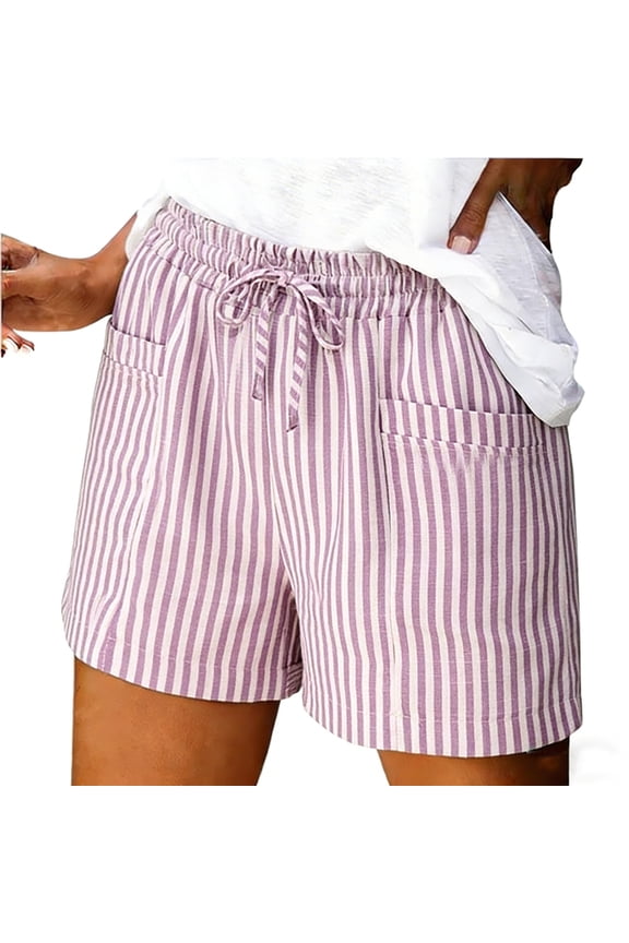 Summer Shorts for Women 2026 Casual Striped Bermuda Shorts Trendy Vacation Beach Cotton Linen Elastic Waist Drawstring Shorts with Pockets Dark Gray L