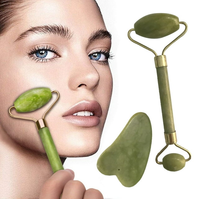 Fiudx Rodillo Facial, Herramienta de Masaje Refrescante de Piedra Natural, Diseño de Doble Rodillo para Ojos y Rostro, Reduce La Hinchazón y Las Arrugas, Rutina Diaria de Cuidado de La Piel, Recomend