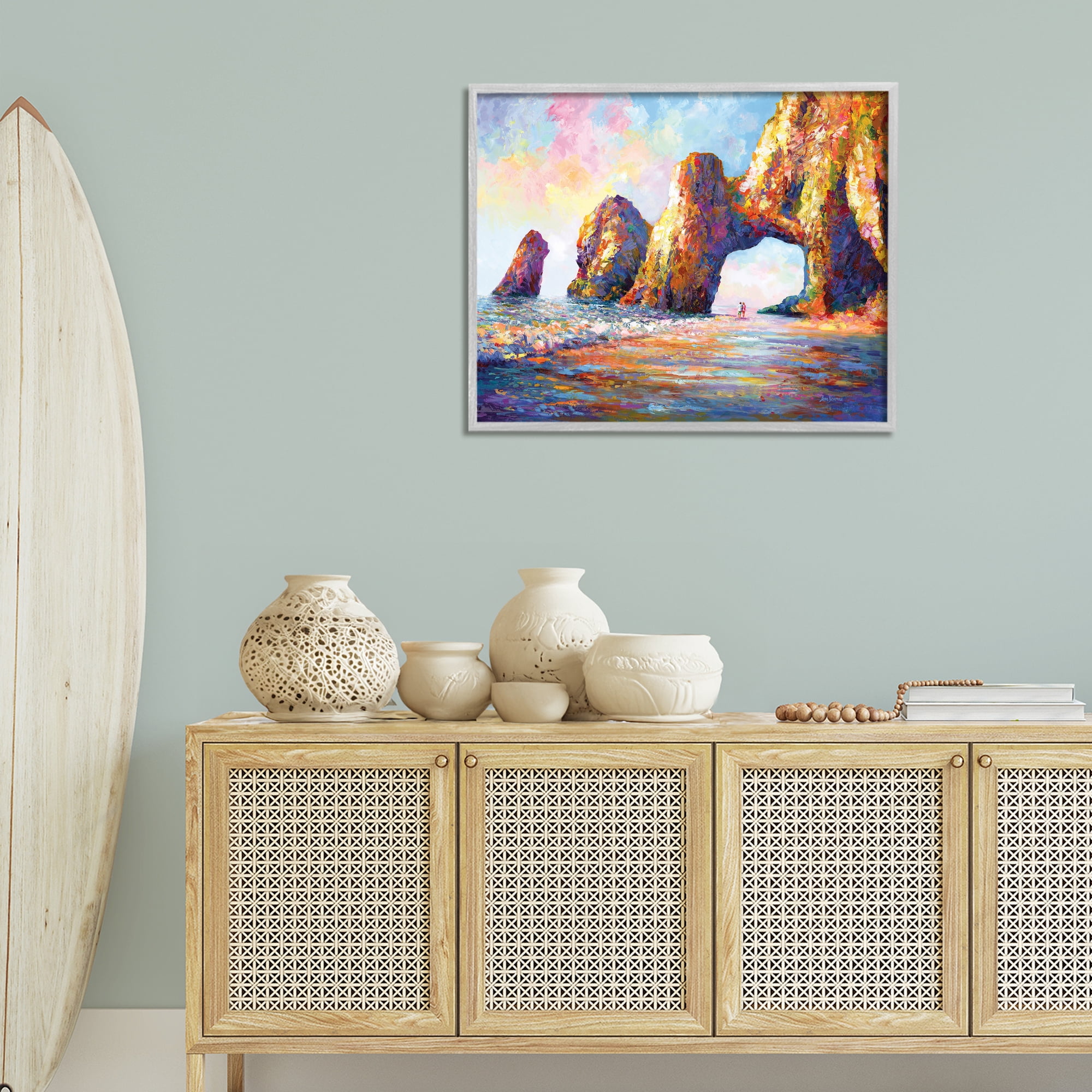 Stupell Industries Couple Strolling Beach Arch Landscape Painting Gray Framed Art Print Wall Art, 30 x 24