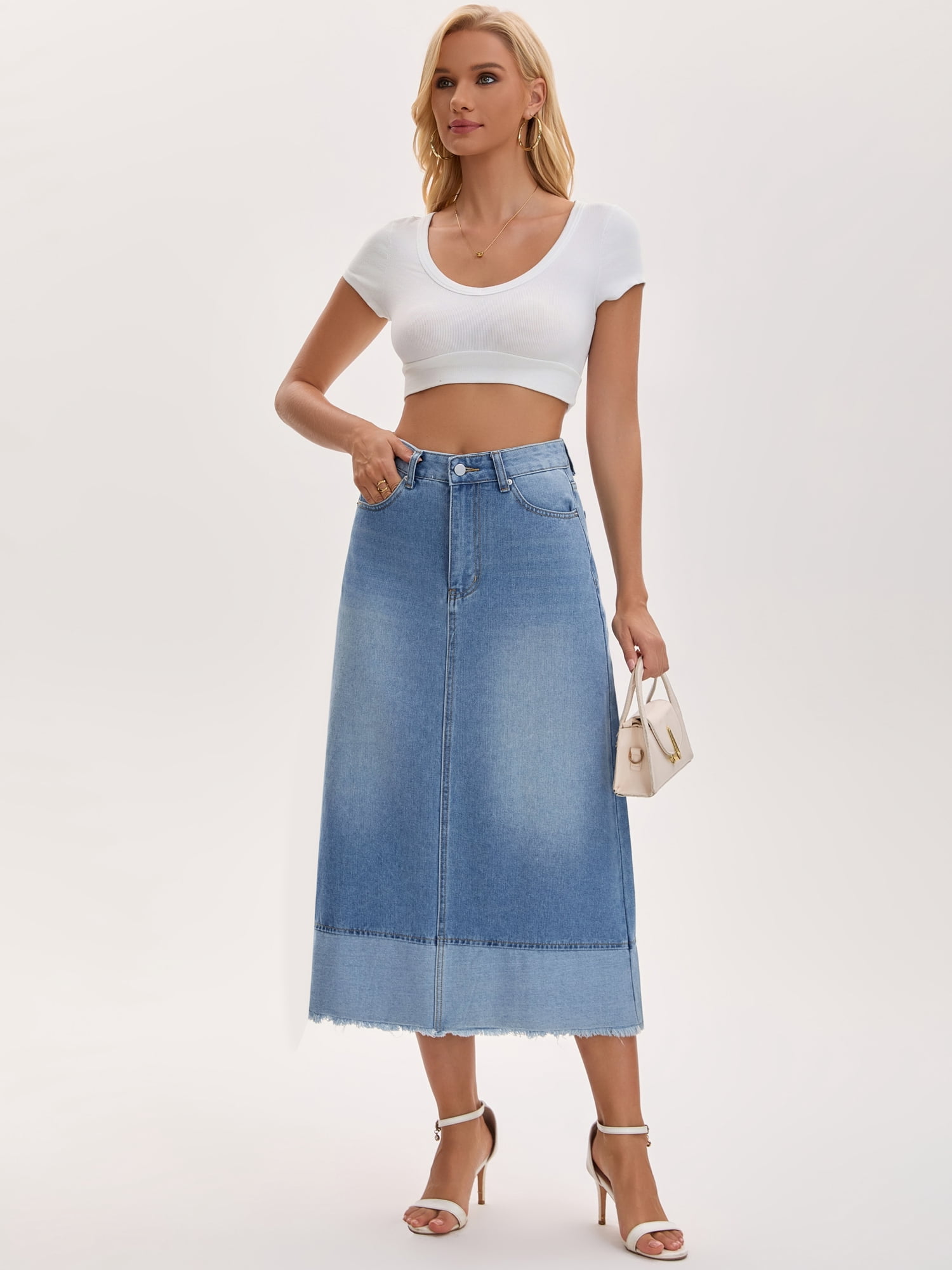 DARING DIVA Women's Denim Maxi Contrast Panel A Line Long Jean Skirts Small Light Blue